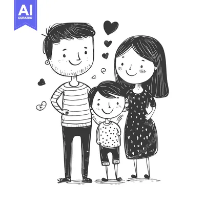 Aset desain premium: Hand-drawn illustration of a happy family with a father, mother, and s