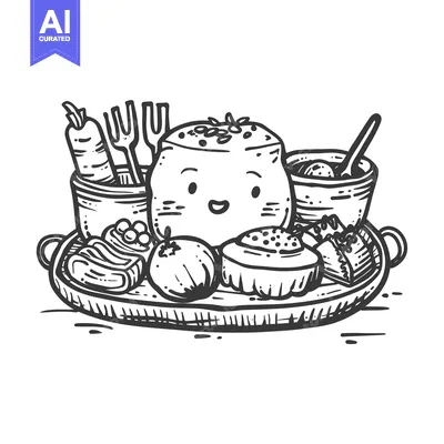 Aset desain premium: Hand-drawn illustration of a happy meal on a tray with various food it