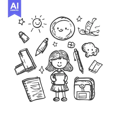 Aset desain premium: Hand-Drawn Illustration of a Happy Schoolgirl Surrounded by School Sup