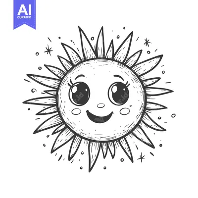 Aset premium populer: Hand-drawn illustration of a happy, smiling sun with large eyes and ra