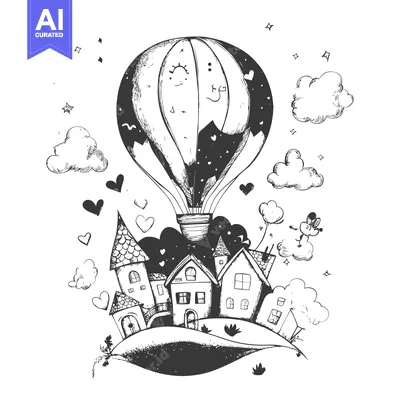 Aset premium populer: Hand-drawn illustration of a hot air balloon flying over a town with h