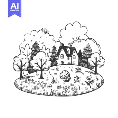 Premium design asset: Hand-Drawn Illustration of a House in a Lush Forest Clearing