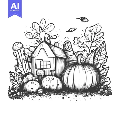 Aset premium populer: Hand-drawn illustration of a house, pumpkins, mushrooms, and leaves in