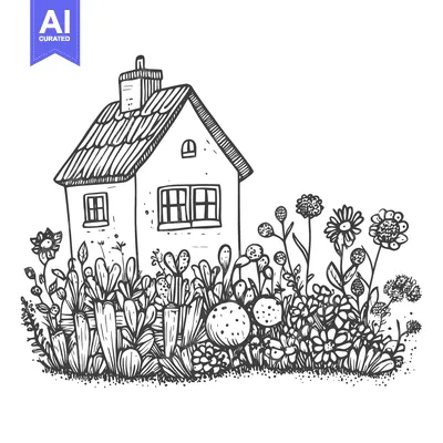 Aset premium populer: Hand-Drawn Illustration of a House Surrounded by Lush Greenery and Flo