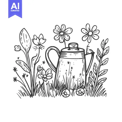 Premium design asset: Hand-Drawn Illustration of a Kettle Amidst Blooming Flowers and Grass