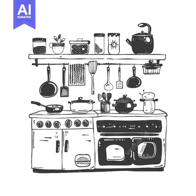 Aset premium populer: Hand-drawn illustration of a kitchen stove with cookware and utensils