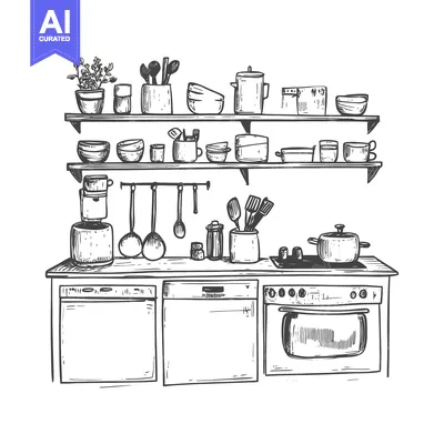Aset premium populer: Hand-Drawn Illustration of a Kitchen with Shelves, Appliances, and Ute