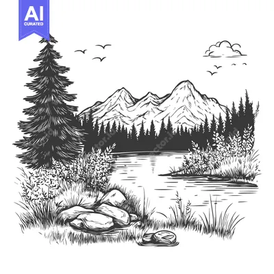 Popular premium asset: Hand-drawn illustration of a lake surrounded by mountains, a forest, a