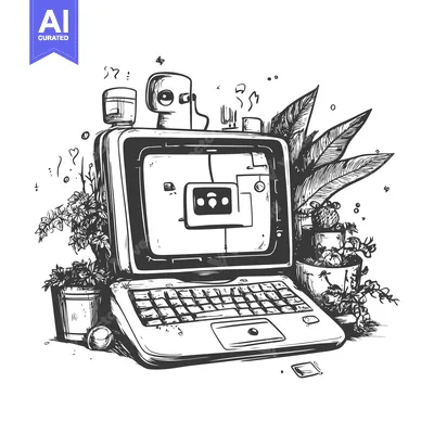 Aset desain premium: Hand-drawn Illustration of a Laptop Surrounded by Plants and a Robot