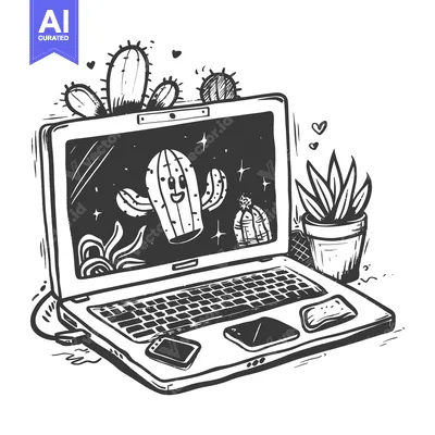 Aset premium populer: Hand-drawn illustration of a laptop with a smiling cactus on the scree