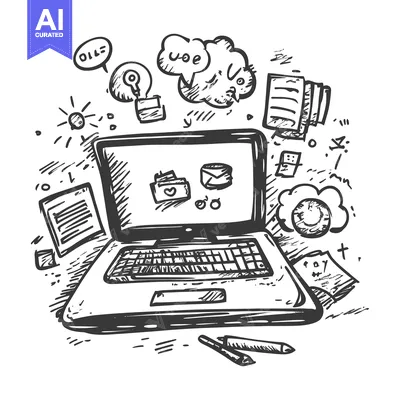 Aset desain premium: Hand-drawn illustration of a laptop with surrounding digital icons