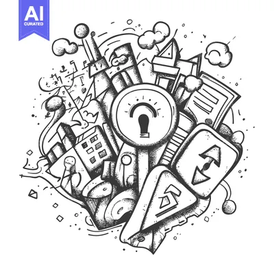 Aset desain premium: Hand-drawn illustration of a light bulb, city buildings, and abstract