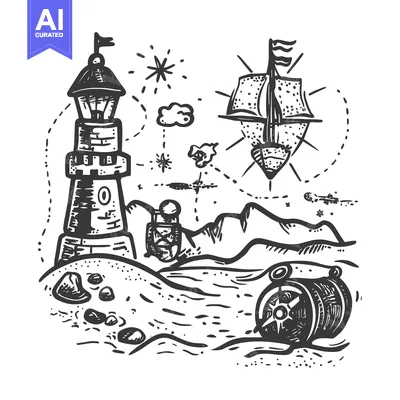 Aset premium populer: Hand-drawn Illustration of a Lighthouse, Ship, and Compass on a Coasta