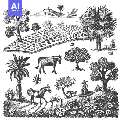 Aset desain premium: Hand-drawn Illustration of a Lush Tropical Landscape with Palm Trees,