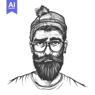 Premium design asset: Hand Drawn Illustration of a Man with a Beard, Glasses, and a Knit Hat