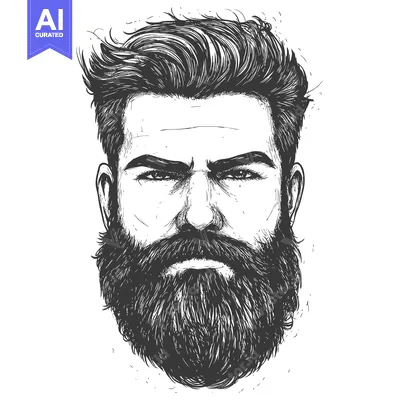 Aset desain premium: Hand-Drawn Illustration of a Man with a Thick Beard and Serious Expres