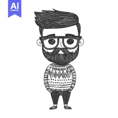 Aset premium populer: Hand-drawn illustration of a man with glasses, a beard, and a patterne