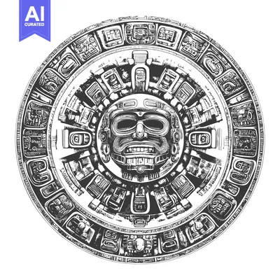 Aset desain premium: Hand-Drawn Illustration of a Mayan Calendar with a Face in the Center