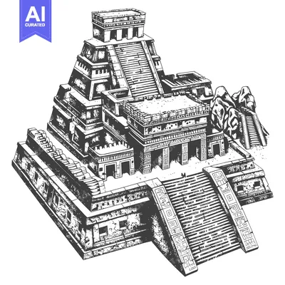 Aset premium populer: Hand-drawn Illustration of a Mayan Pyramid Complex