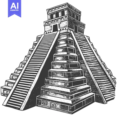 Aset desain premium: Hand-Drawn Illustration of a Mayan Pyramid with Steps