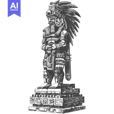 Aset desain premium: Hand-Drawn Illustration of a Mayan Stone Statue with Elaborate Carving