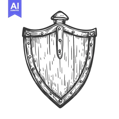 Aset desain premium: Hand-Drawn Illustration of a Medieval Wooden Shield with Metal Accents
