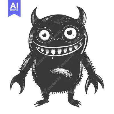Aset desain premium: Hand-drawn illustration of a mischievous cartoon monster with horns an