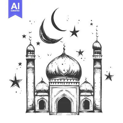 Aset desain premium: Hand-drawn illustration of a mosque with a crescent moon and stars