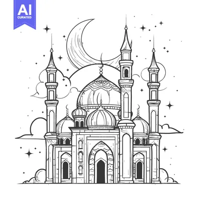 Aset desain premium: Hand-Drawn Illustration of a Mosque with Crescent Moon and Stars