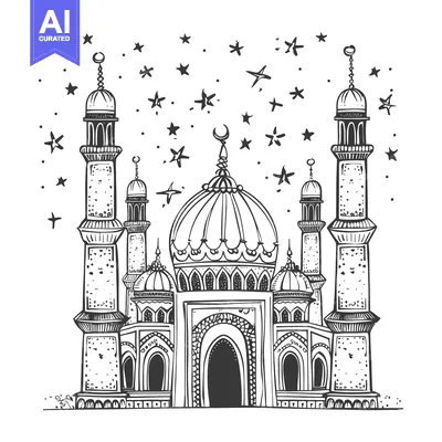 Popular premium asset: Hand-drawn illustration of a mosque with minarets and stars