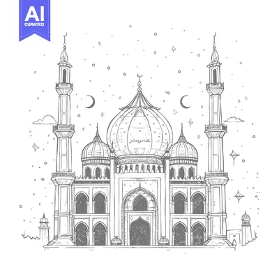 Aset desain premium: Hand-drawn Illustration of a Mosque with Minarets Under a Starry Sky