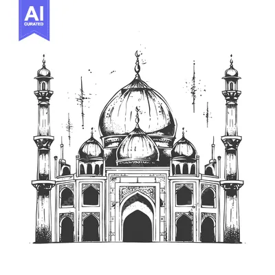 Aset desain premium: Hand-drawn Illustration of a Mosque with Two Minarets