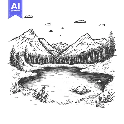 Aset desain premium: Hand-drawn Illustration of a Mountain Lake Scene with Trees and Clouds