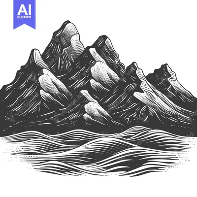 Premium design asset: Hand-drawn illustration of a mountain range with a wavy base