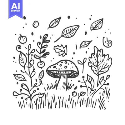 Aset desain premium: Hand-Drawn Illustration of a Mushroom in a Forest Setting