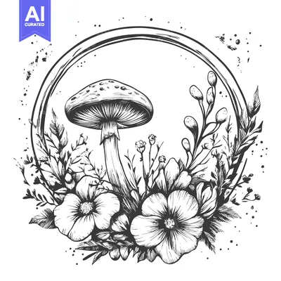Aset desain premium: Hand-drawn illustration of a mushroom with flowers and leaves in a cir