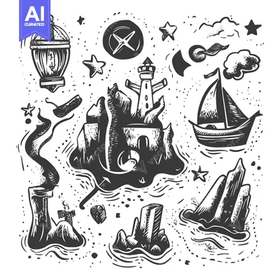 Premium design asset: Hand-drawn Illustration of a Mysterious Island with a Lighthouse, a Sa
