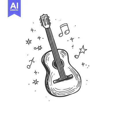 Aset premium populer: Hand-drawn illustration of an acoustic guitar with musical notes and s