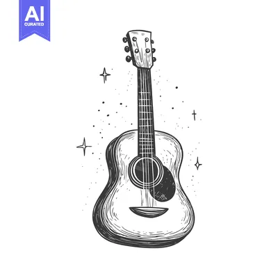 Aset desain premium: Hand-drawn illustration of an acoustic guitar with stars