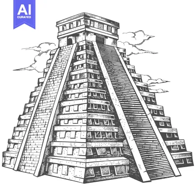 Aset desain premium: Hand-drawn Illustration of an Ancient Mayan Pyramid with Stairway