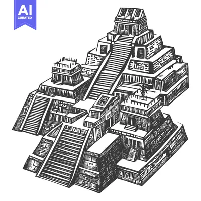 Aset desain premium: Hand-Drawn Illustration of an Ancient Mayan Temple Complex