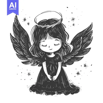 Hand-Drawn Illustration of an Angel with Wings and a Halo