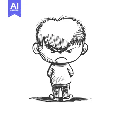 Hand-drawn Illustration of an Angry Boy with Frowning Face