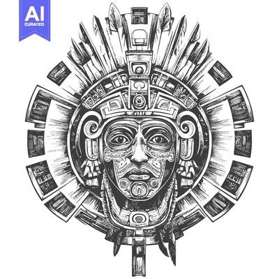 Premium design asset: Hand-drawn illustration of an Aztec mask with intricate details and a