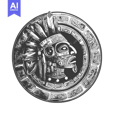 Aset premium populer: Hand-drawn Illustration of an Aztec Warrior Head in a Circular Frame w