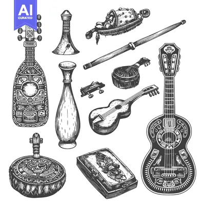 Aset premium populer: Hand-Drawn Illustration of Ancient Mayan Musical Instruments and Objec