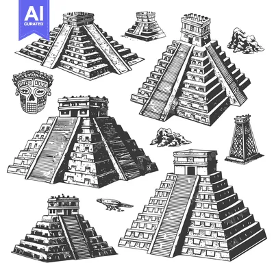 Aset premium populer: Hand-Drawn Illustration of Ancient Mayan Pyramids and Artifacts