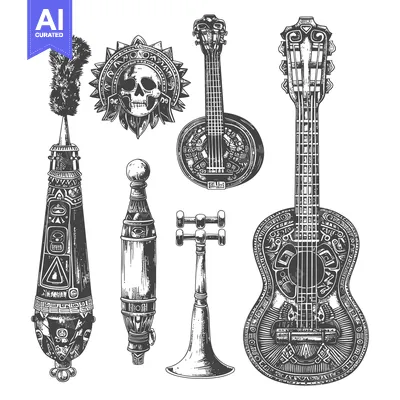 Aset premium populer: Hand-Drawn Illustration of Ancient Musical Instruments and Skull Symbo