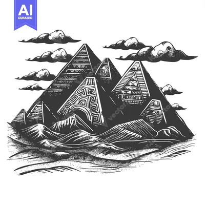 Premium design asset: Hand-Drawn Illustration of Ancient Pyramids in a Desert Landscape