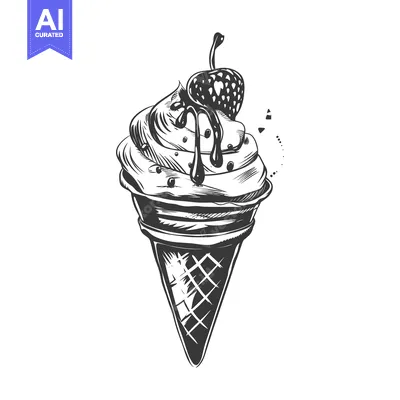 Aset premium populer: Hand-Drawn Illustration of an Ice Cream Cone with Strawberry and Drizz